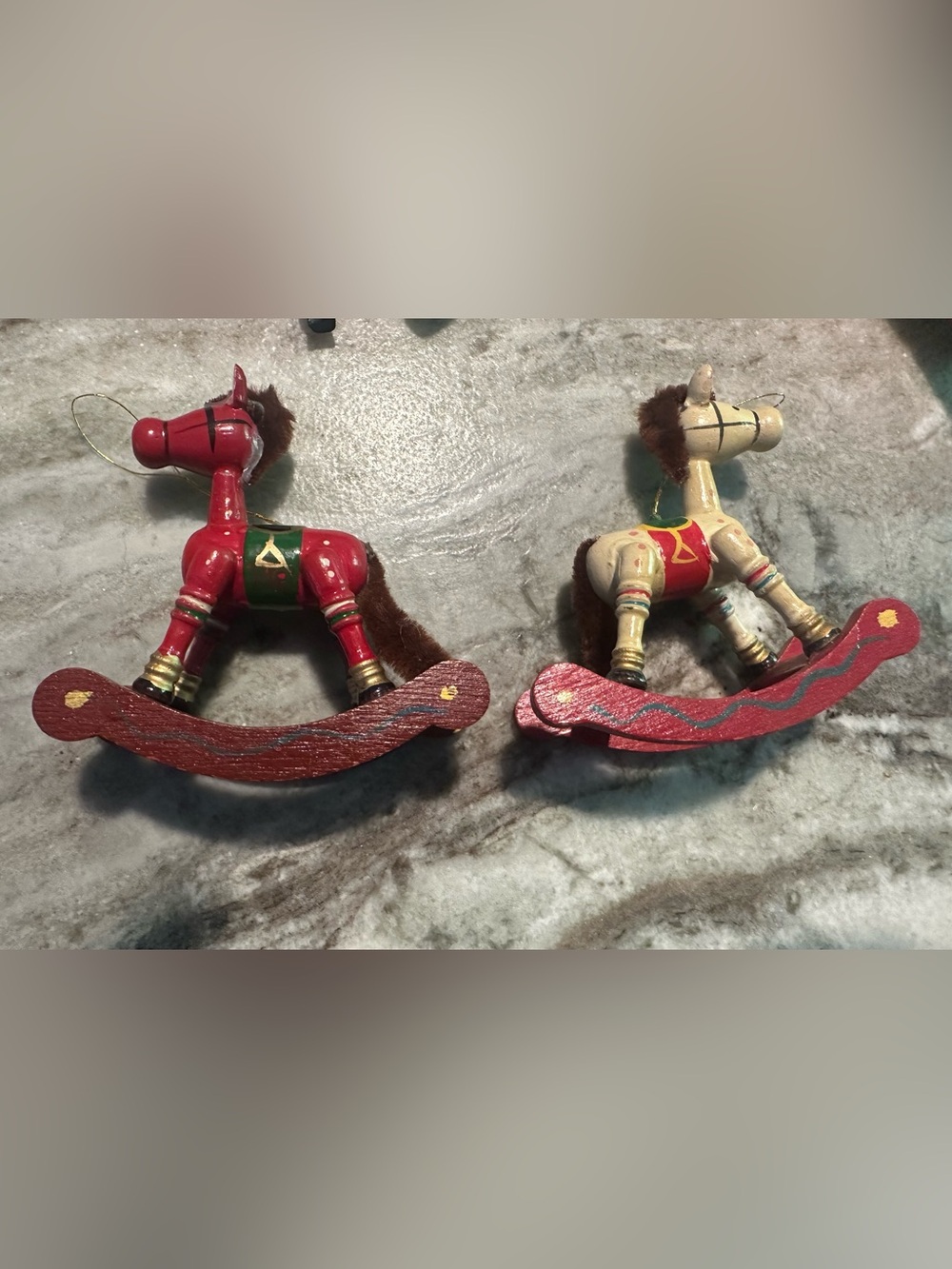 1980s vintage set of Wooden Rocking Horse CHRISTMAS tree ORNAMENTs